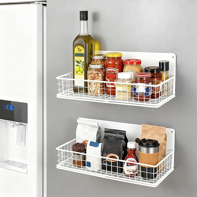 2 Pack Magnetic Basket for Fridge, Magnetic Spice Rack for Side of Refrigerator, Small Magnet Wire Bin Basket Fridge Shelf Organizer Kitchen Classroom Whiteboard Pantry Office Storage, White