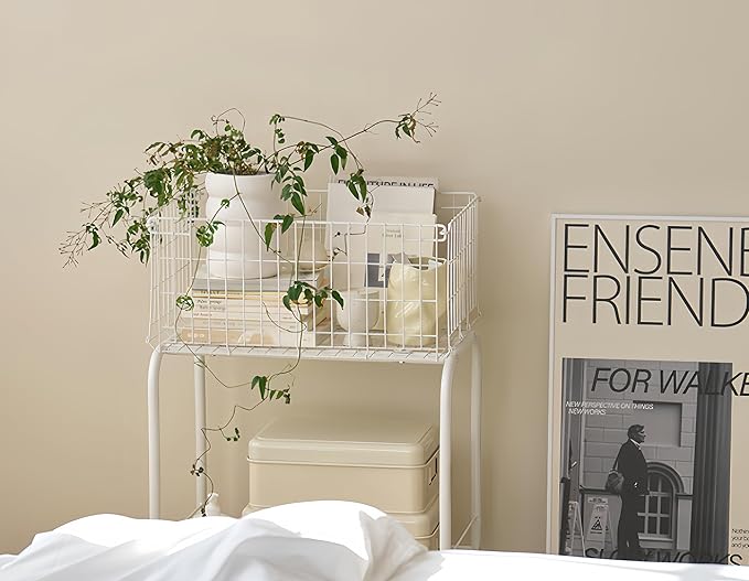 HENNZE--Basket for garments storage,easy moved with wheels have brake,wire luandry basket visable storage space, white ,rolling laundry basket
