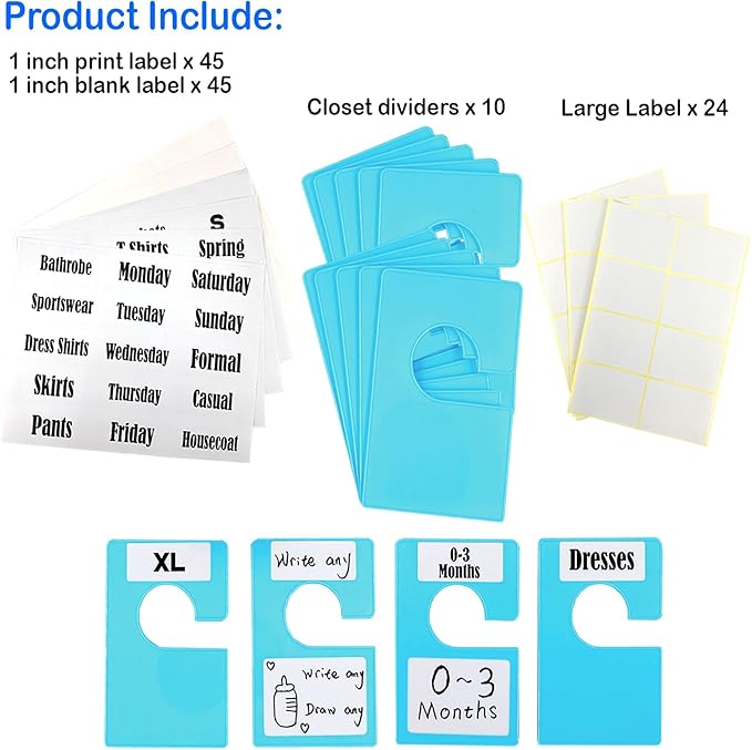 10 Pack White Clothing Rack Size Dividers Plus 45 Labels (1 Inch) and 18 Large Blank Labels, Large Rectangular Clothing Closet Dividers (Blue)