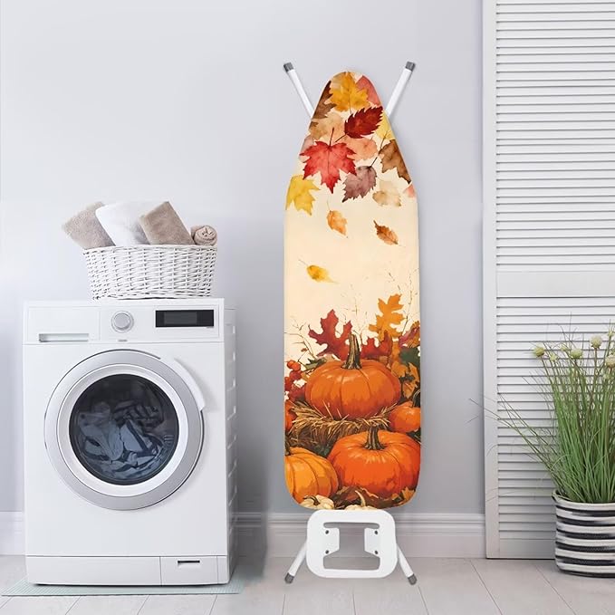 Iron Board Cover and Pad Thanksgiving Pumpkin Print Standard Size Soft Stain Resistant Extra Wide Ironing Board Cover with Hook and Loop 54x15 inches