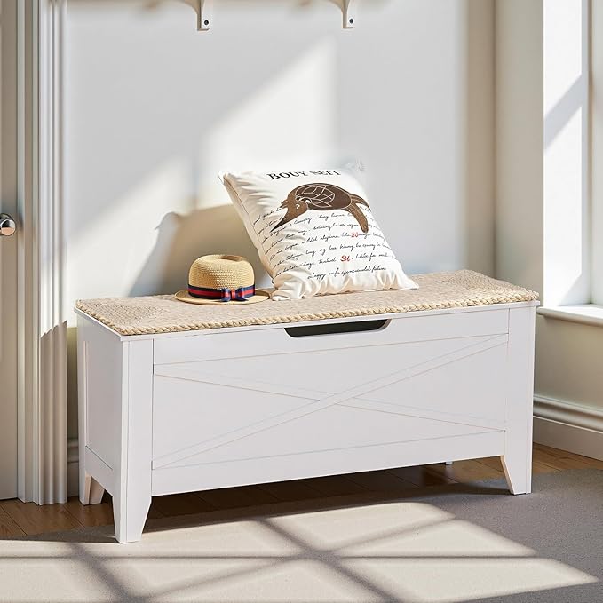 VECELO 43.3" Storage Bench, Shoe Bench with Handwoven Wicker Cushion, Ottoman Storage Trunk with Safety Hinges, Ideal for Entryway, Bedroom, Living Room, White
