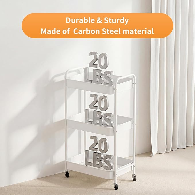 JAQ Makeup Carts, 3-Tier Metal Rolling Utility Storage Organizer Cart Shelf with Wheels for Craft Office Supplies Diapper Snack in Bathroom Kitchen Laundry Classroom Dorm -(3-Tier,White)
