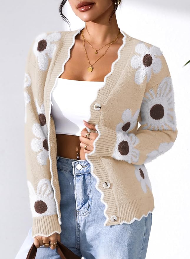 Pink Queen Fuzzy Sweater Cardigan for Women 2025 Fashion Long Sleeve Flower Outerwear Button Down Open Front Cardigan Coat