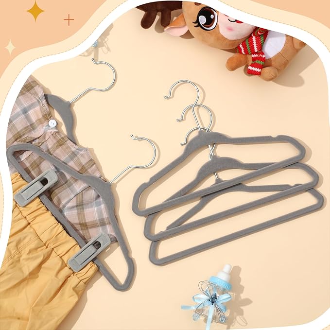 Soaoo 100 Pcs Baby Velvet Clips with 50 Baby Velvet Hangers, Pants Hangers Strong Finger Clips, Non Slip Kids Hanger for Kids, Toddler, Children's Closet & Nursery Closet (Grey)