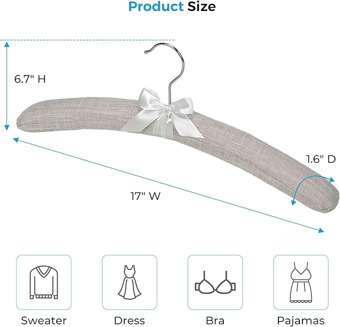 JS HANGER Padded Hangers - 17 Inch Extra Large Heavy Duty Linen Covered Coat Hangers No Shoulder Bump for Women Clothes, Sweaters, Dresses, Clothing, Weddings, Lingerie Pack of 10, Linen Gray