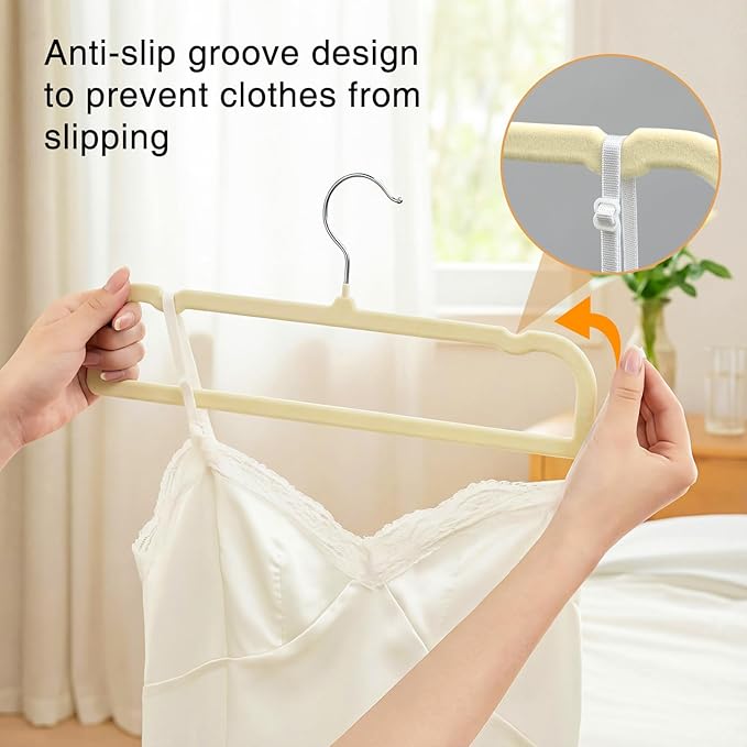 60sets/120pcs Velvet Pants Hangers Non Slip Beige Felt Hangers with 60 Cascading Hooks, Space Saving 360 Degree Swivel Hook Closet Organizer for Jeans, Trousers, Leggings, Tank Top, Shorts and Skirts