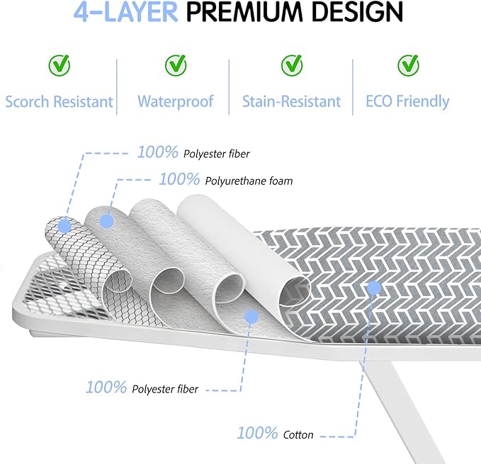 BNDX 18"x49" Ironing Board Cover for Apartments– Grey Rye with Thick Padding, Bongee Cord & Dual Buckles, Scorch & Stain Resistant, Easy Installation