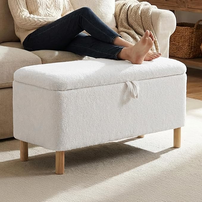 Ottoman with Storage, Storage Ottoman Bench, Entryway Bench with Wood Legs for Living Room, Sitting Area, 2PCS, Cream