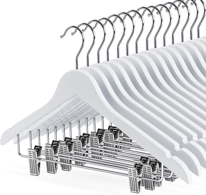 White Wooden Skirt Hangers with Clips 16Pack, Wooden Coat & Pants Hangers with Adjustable Metal Clips for Slacks, Jeans, Shorts, Jacket, Blouse, Clothes & Suit