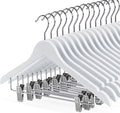 White Wooden Skirt Hangers with Clips 16Pack, Wooden Coat & Pants Hangers with Adjustable Metal Clips for Slacks, Jeans, Shorts, Jacket, Blouse, Clothes & Suit