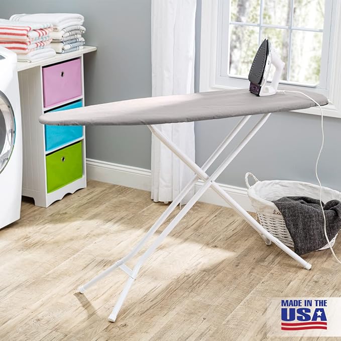 Full Size Ironing Board Made in USA – Light Grey by Seymour Home Products 4 Heavy-Duty Steel Legs Perforated Top for Steam Includes Cover & Pad Sturdy, Foldable Iron Board for Home & Laundry