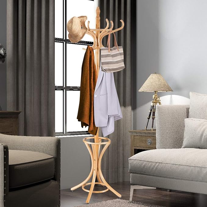 GOFLAME 73" Coat Rack Freestanding, Wooden Coat Tree with 12 Hooks and Umbrella Stand, Entryway Hall Tree, Hat Hanger Organizer, Coat Rack Stand for Coats, Hats, Scarves, Bags, Easy Assembly, Oak