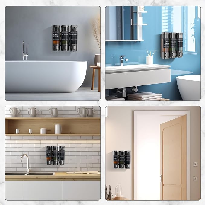 Shampoo and Conditioner Dispenser,Shower Dispenser 3 Chamber No Drill Wall-Mounted Shampoo Dispenser for Shower Wall Mounted Shower Soap Dispenser for Bathroom Hotel 3X300ML,Gun Grey