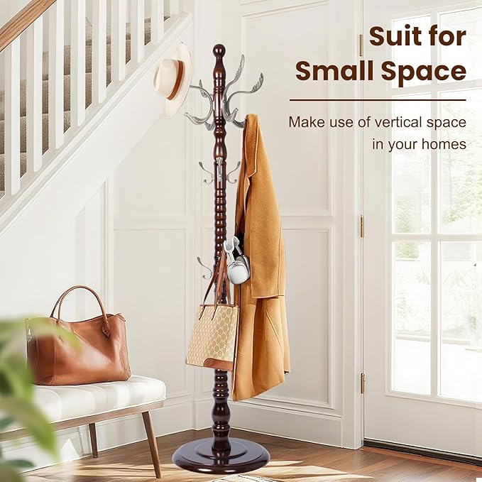Freestanding Coat Rack with 14 Hooks, Sturdy Wooden Hall Tree for Entryway, Heavy-Duty Disc Base,for Hanging Hats, Jackets, Bags, Easy Assembly for Bedroom, Hallway, Office