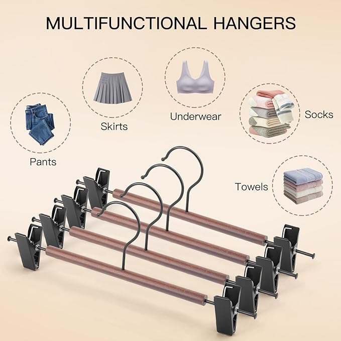 Wooden Pants Hangers with Clips 12 Pack, Heavy Duty Adjustable Clip Non Slip Skirt Hanger for Jeans, Trousers, Short, Clothes, Space Saving Closet Organizer (Black, 12 Pack)
