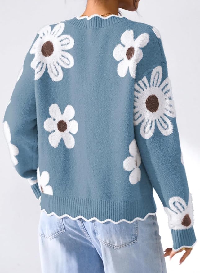 Pink Queen Fuzzy Sweater Cardigan for Women 2025 Fashion Long Sleeve Flower Outerwear Button Down Open Front Cardigan Coat