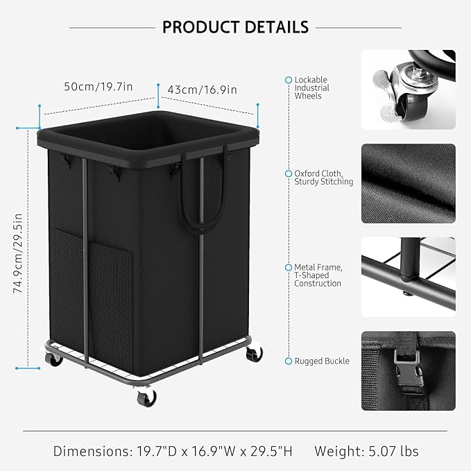 150L Large Laundry Hampers Basket with Removable Washing Bag, Oxford Fabric Laundry Hamper Clothes Hampers, Metal Frame Design with Wheels, Suitable for Bedroom, Laundry Room (Black with Bag)