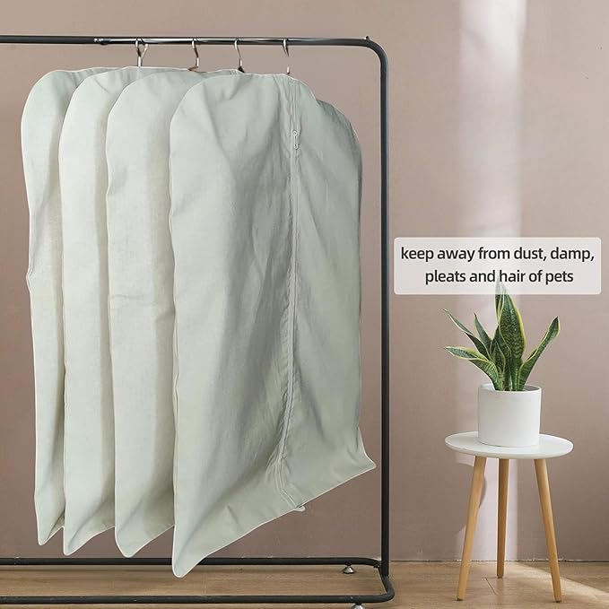 Premium 100% Cotton Garment Bags – 48" Off-White Canvas Suit Cover with YKK Zipper – Breathable, Dust-Proof Storage for Suits, Coats, Dresses, Jackets & Travel/Closet Use