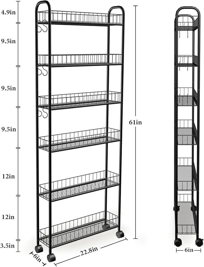 6in 6 Tier Slim Storage Cart with Wheels, Black Narrow Space Rolling Shelving Unit with Handle, Metal Wire Mobile Organizer Rack for Kitchen Bathroom Office Laundry