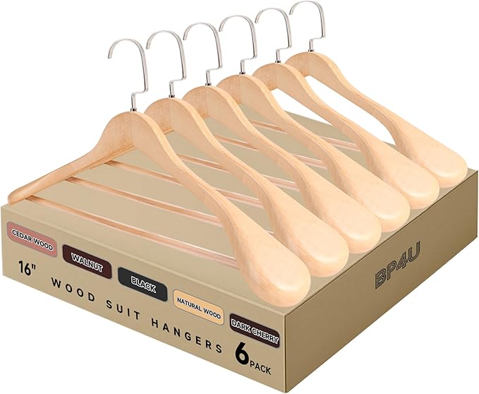 6-Pack Premium Wide Shoulder Wooden Suit Hangers, 16" Heavy-Duty Solid Wood Coat Hangers with Pant Bar for Women's Heavy Garments, Blazers, Jackets (Natural Wood)
