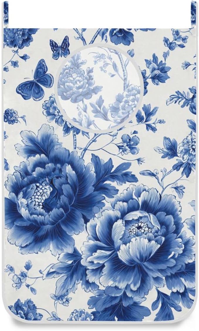 Blue and White Peony Flowers Butterfly Hanging Laundry Hamper Door Hampers Bag Basket with Stainless Steel Hooks Oxford Fabric Printing Decorative Clothes Bags 29.5X20inch 2Pack
