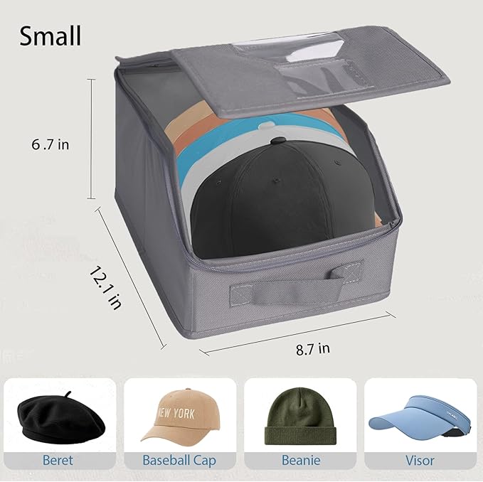 2 Pcs Stackable Baseball Cap Organizer, Washable Odorless Oxford Cloth with Smooth Durable Metal Zipper, Clear Window Holds 24 Caps, Hat Box for Closet/Home (Grey, Small 12.1 x 8.7 x 6.7 inches)