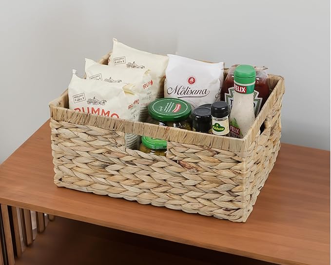 Large Wicker Basket, 15" Water Hyacinth Wicker Storage Baskets for Organizing, Rectangular Storage Baskets for Shelves, Rattan Woven Basket with Built-in Handles, 1 Pack (Natural, Large)