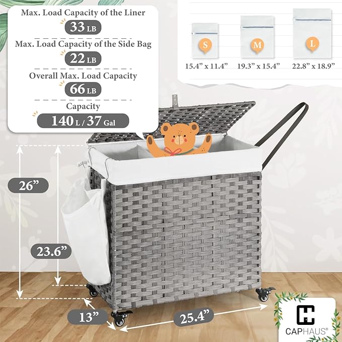 CAPHAUS Handwoven Basket w/Lid for Storage, Synthetic Rattan Laundry Hamper w/Wheels, Clothes Hamper for Laundry, Laundry Basket w/Lid, Removable Liner Bags, Mesh Bags, Pulling Strap, 140L, Grey