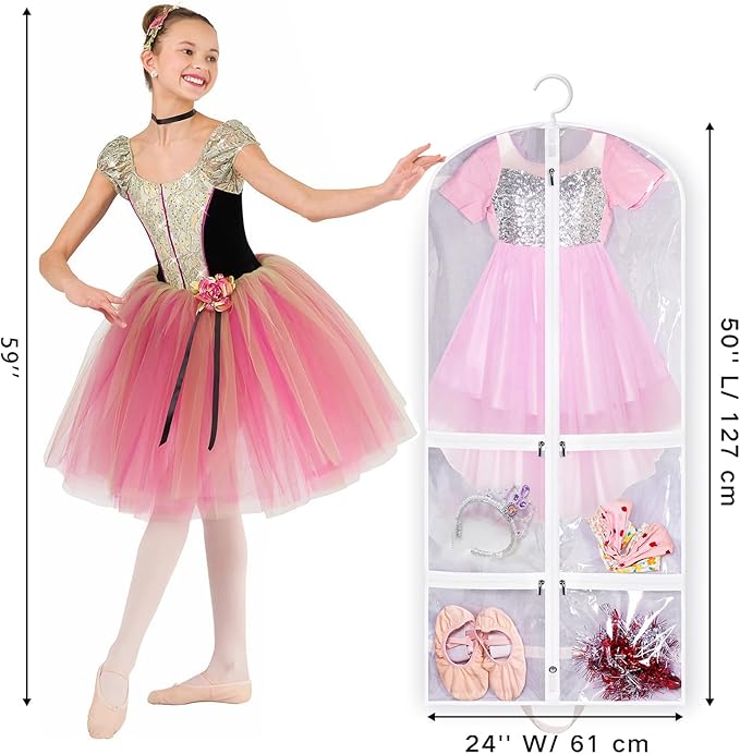 SLEEPING LAMB Clear Garment Bag for Dance Costume Kids 50 Inch Hanging Clothes Cover for Closet Storage With 4 Large Zipper Pockets for Ballet, Theatre, Competitions, 3 Packs, White