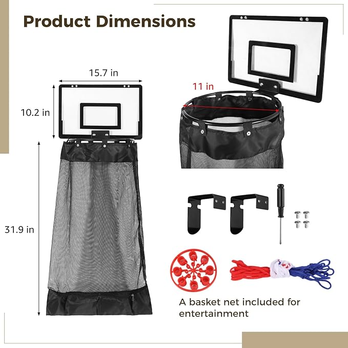 Over the Door Basketball Laundry Hamper, Hanging Laundry Basket with Basketball Hoop, Basketballs Laundry Hamper with Zipper, Removable Basketballs Hoop Laundry for Room Bathroom (Black)