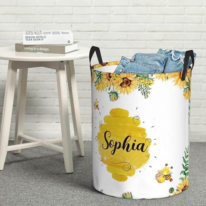 Personalized Laundry Basket for Nursery, Custom Nursery Laundry Hamper with Name, Customize Baby Clothes Circular Hamper for Boys Girls Room Decor, Bee