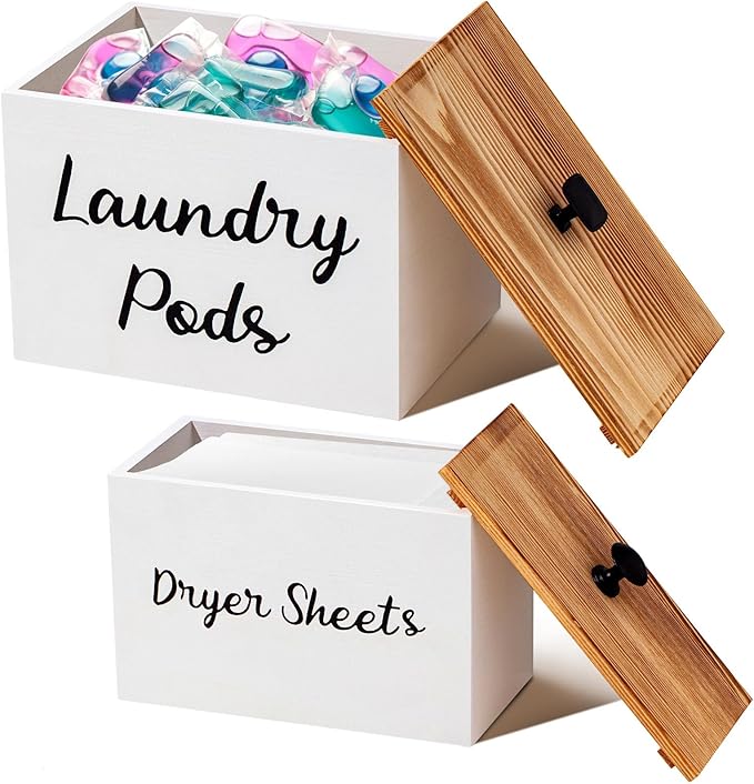 Dandat 2 Pcs Wood Rustic Laundry Dryer Sheet Holder Pod Container with Lid 8.7 x 6.3 x 6.4 Inch Laundry Pod Holder 7.3 x 3.7 x 5 Inch Dryer Sheet Dispenser Wooden Box Container(White)