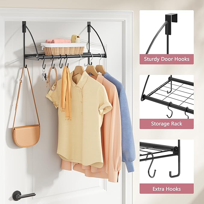 Tajsoon Over The Door Hanger with Storage Rack and 6 Hooks, Over The Door Clothes Racks for Hanging Coat, Door Rack Hanger for Bathroom, Bedroom, Living Room, Black