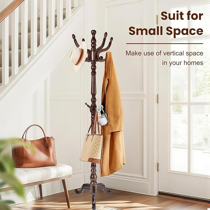 Freestanding Coat Rack with 11 Hooks, Sturdy Wooden Hall Tree for Entryway, Heavy-Duty Tri-Legged Base Hall Tree for Bags, Purses, Hats,Easy Assembly for Corner, Bedroom (T42 Triangle Brown)