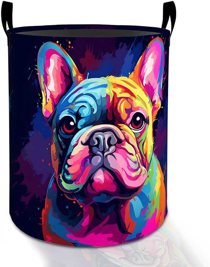 Colorful French Bulldog Laundry Basket Hamper for Boys Girls Kids Adults, Foldable Waterproof Oxford Clothes Storage Bin, Pop Art Dog Organizer for Bedroom Bathroom Room Decor 19.7"x15.8"