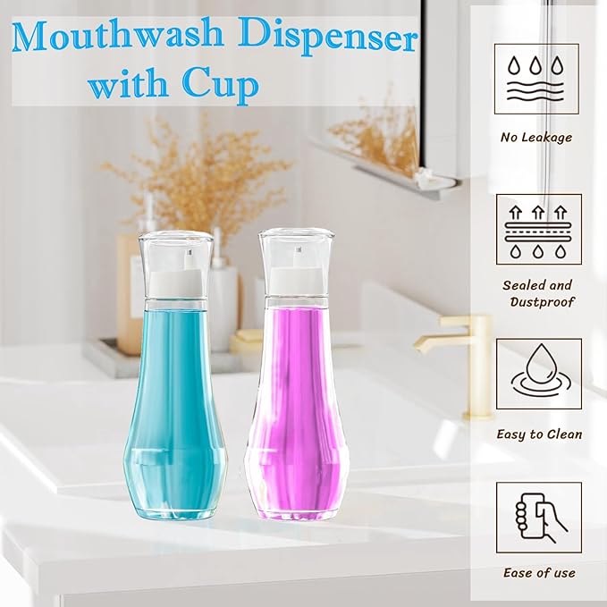 1 Pack Glass Mouthwash Dispenser for Bathroom, 8.8oz Mouth Wash Container Bottle with Lid Cup, Clear Refillable Bathroom Containers for Countertop/4 Pcs Label