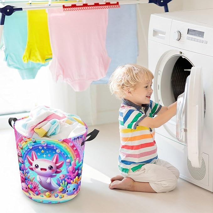 Cute Axolotl Rainbow Laundry Hamper Underwater Coral Hampers for Laundry Dirty Clothes Basket Organizer Room Decor