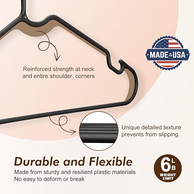 HOUSE DAY Black Plastic Hangers 50 Pack - Made in USA - Lightweight & Slim Space Saving Clothes Hanger with Shoulder Grooves for Dresses, Lingerie, Shirts, Pants, Durable Closet Organizers and Storage