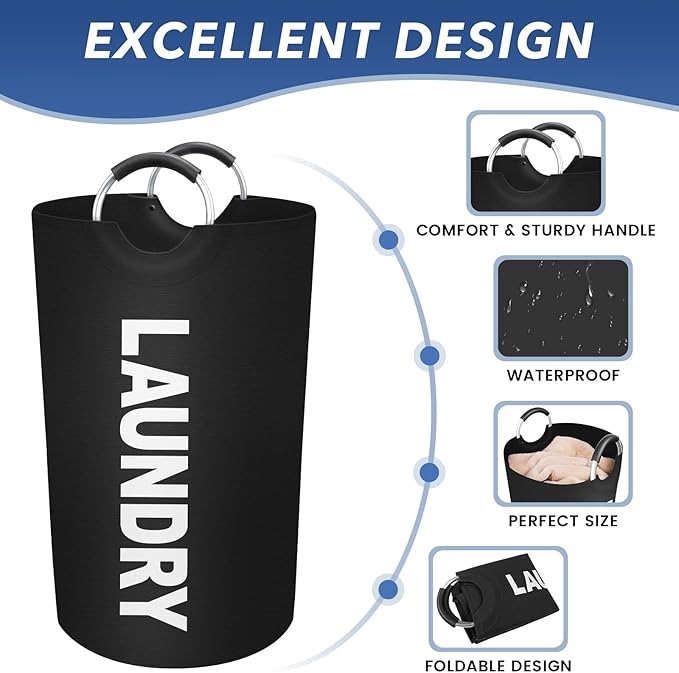 75L Large Laundry Basket, Freestanding Waterproof Laundry Hamper, Collapsible Folding Tall Clothes Hamper, Easy Carry with Foam Protected Aluminum Handles for Dorm, Family, Travel (Black)