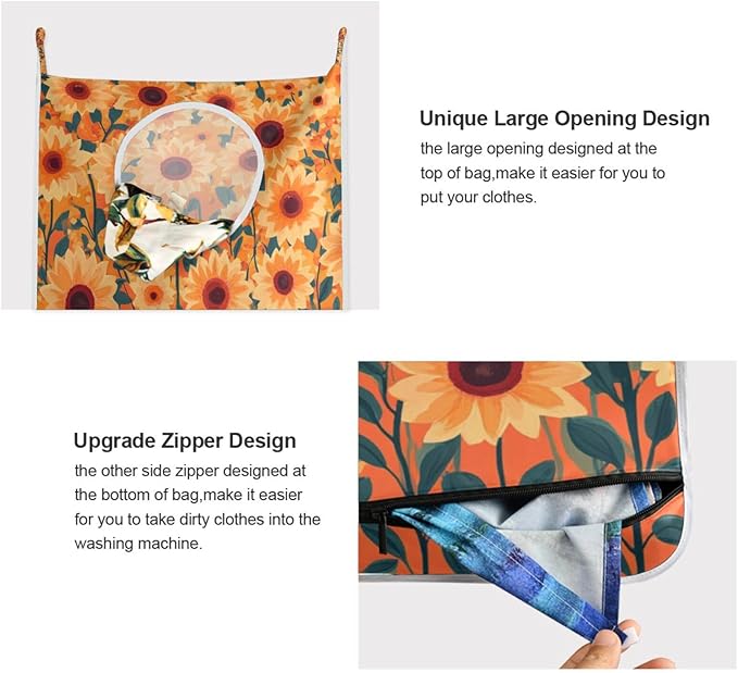 Orange Sunflowers and Poppy Flowers Door Hanging Laundry Hamper Bag with Free Adjustable Stainless Steel Hooks Dirty Clothes Hamper Extra Large Over the Door Laundry Hamper 29.5X20inch 2Pack