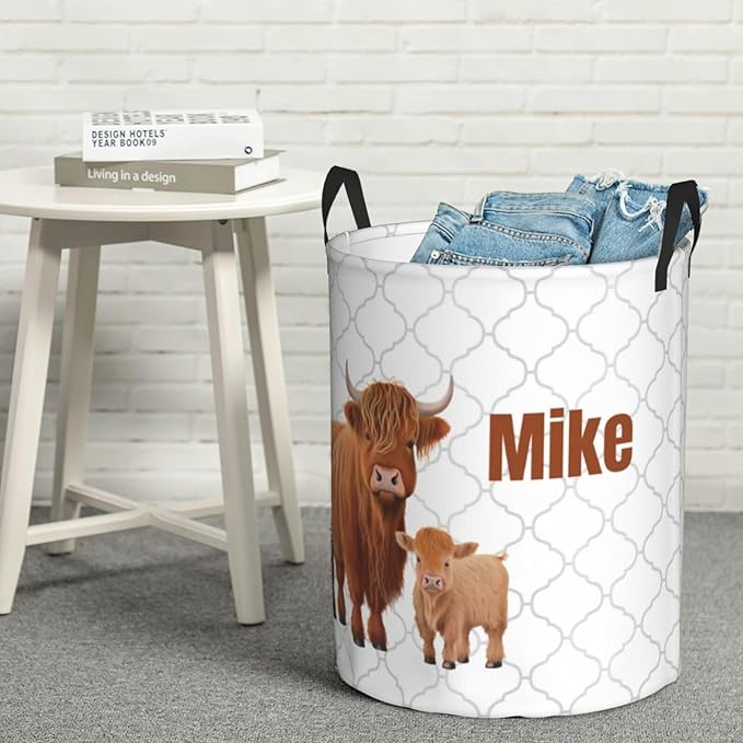 Personalized Laundry Basket for Nursery, Custom Nursery Laundry Hamper with Name, Customize Baby Clothes Circular Hamper for Boys Girls Room Decor, Highland Cow