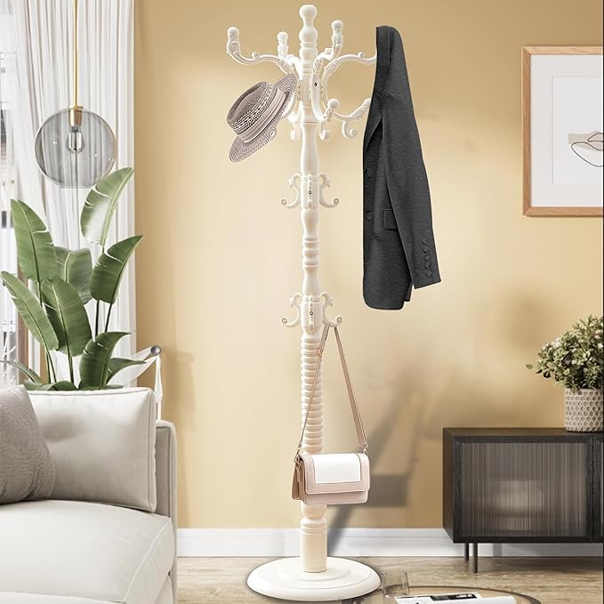 Wooden Coat Rack Free standing 18 Hooks, Vintage Coat Rack Stand for Entryway, Adjustable Height 73", Heavy Duty Coat Tree with Solid Round Base for Home Bedroom, Office (vintage White)