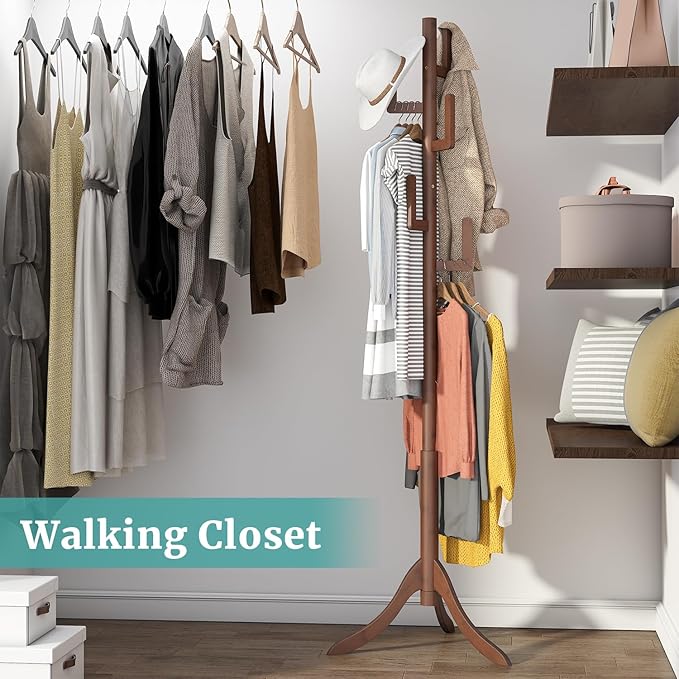 Coat Rack Freestanding, Bamboo Cactus Coat Stand, Adjustable Height Wooden Coat Tree with 6 Hooks, kids coat rack, Used In The Bedroom Living Room, Office To Hang Clothes, Hats, Bags