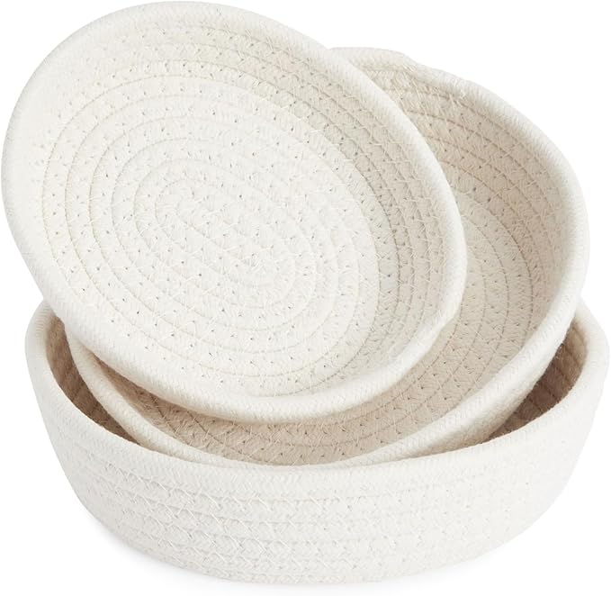 Juvale Small Round Cotton Rope Storage Baskets - Nesting Storage Bin Pack - Cotton Woven Basket for Home Organizing - White, Pack of 3, 6.5 x 2.9 in/7.5 x 3 in/8.2 x 3.2 in