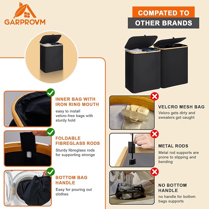 GARPROVM Double Laundry Hamper with Lid 150L Large Laundry Basket with Bamboo Handles Foldable Clothes Hampers with 2 Removable Liner Bags for Laundry for Bedroom Bathroom Dorm Laundry Room, Black