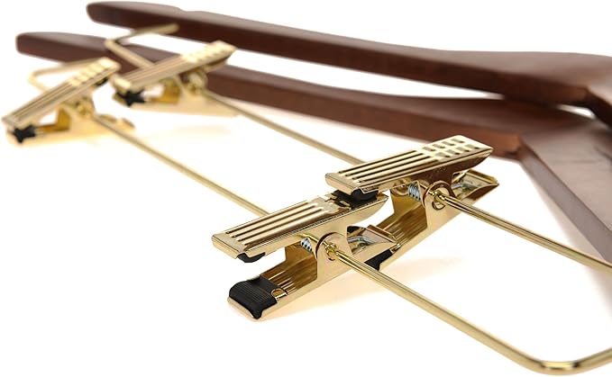 Quality Wooden Skirt Hangers with Clips - 20 Pack Walnut Pants Hangers with Adjustable Gold Metal Clips, Swivel Hook for Coats, Jackets, Blouses, Suits