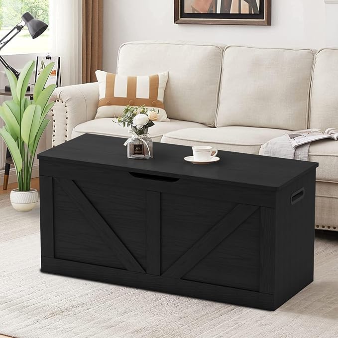 39.4" Storage Chest, Wooden Storage Bench, Large Storage Trunk with 2 Safety Hinges, Entryway Shoes Bench for Living Room, Bedroom, Black