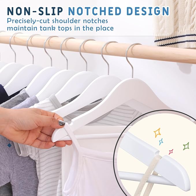 Kids Wooden Hangers 20 Pack, White Wooden Baby Hangers with Smooth Finish, Solid Wood Children Hanger for Clothes with Precisely-Cut Notches, Swivel Hook Baby Clothes Hanger for Closet