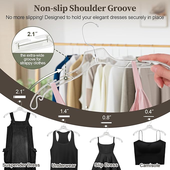 Clear Plastic Hangers 25 Pack, Heavy Duty Clothes Hangers with 360° Swivel Hook, 2.1" Ultra-Wide Non-Slip Notches & Non-Slip Grips for Dresses, Shirts, Coats, Suits