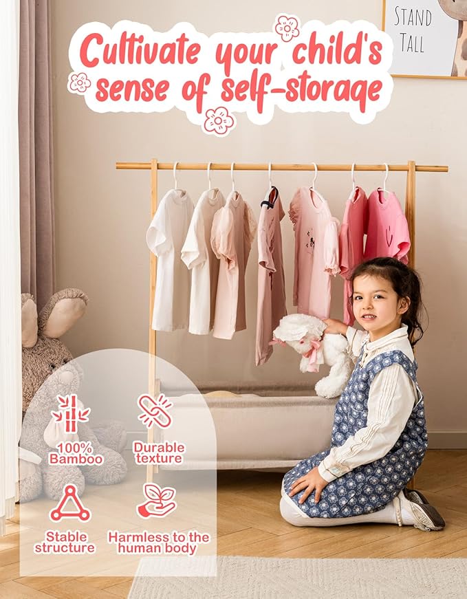 Kids Clothing Rack with Storage Box, Kids Dress Up Rack, Dance Costume Garment Rack for Hanging Clothes,Garment Rack for Hanging Clothes Organizer, Bamboo (Natural)